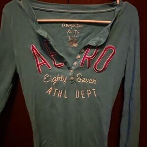 Aeropostale Teal Henley with Pink and White Accents Y2K